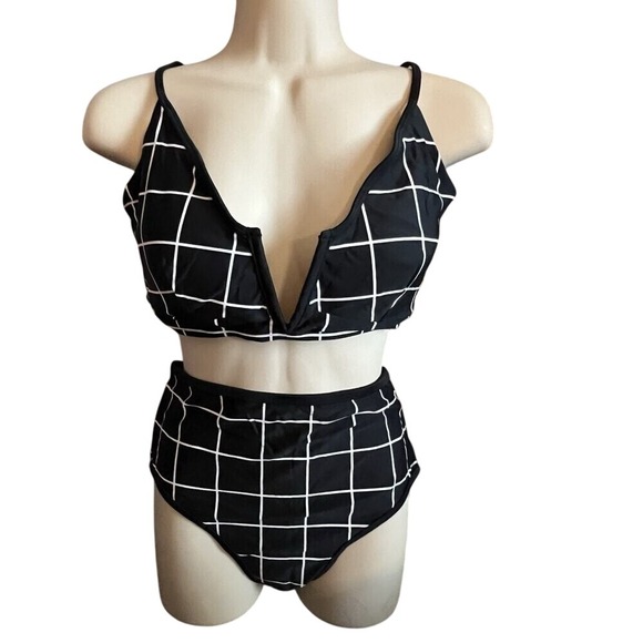 Aqua Couture Grid High‎ Waist Bikini Set Plunge Swimsuit Black White L/M - Picture 1 of 3